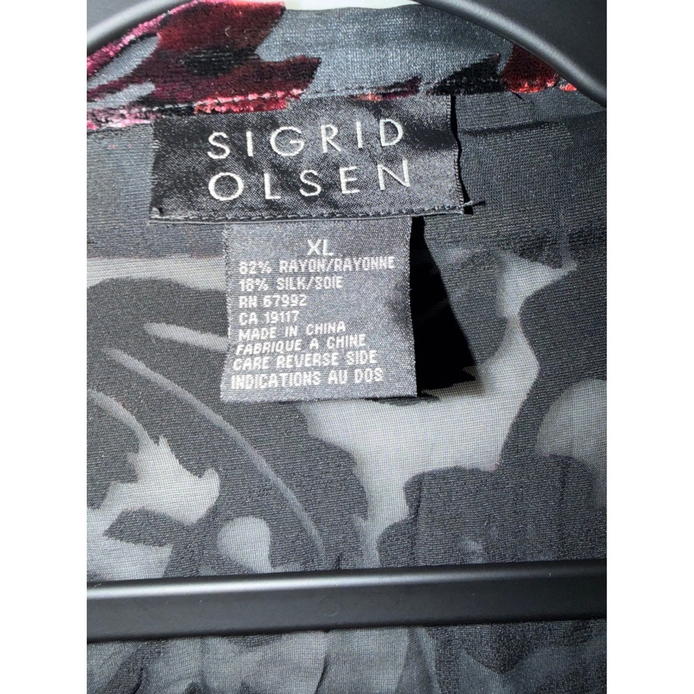 Sigrid Olsen Silk Blend Burnout Velvet Floral Blouse XL Burgundy Black Sheer Top - Picture 2 of 7